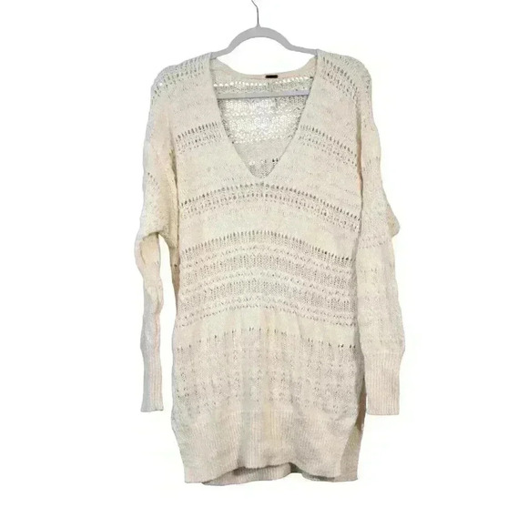 Free People Tunic Sweater Blouse Size Small Ivory Open Knit Boho Oversized Cozy - Picture 12 of 12
